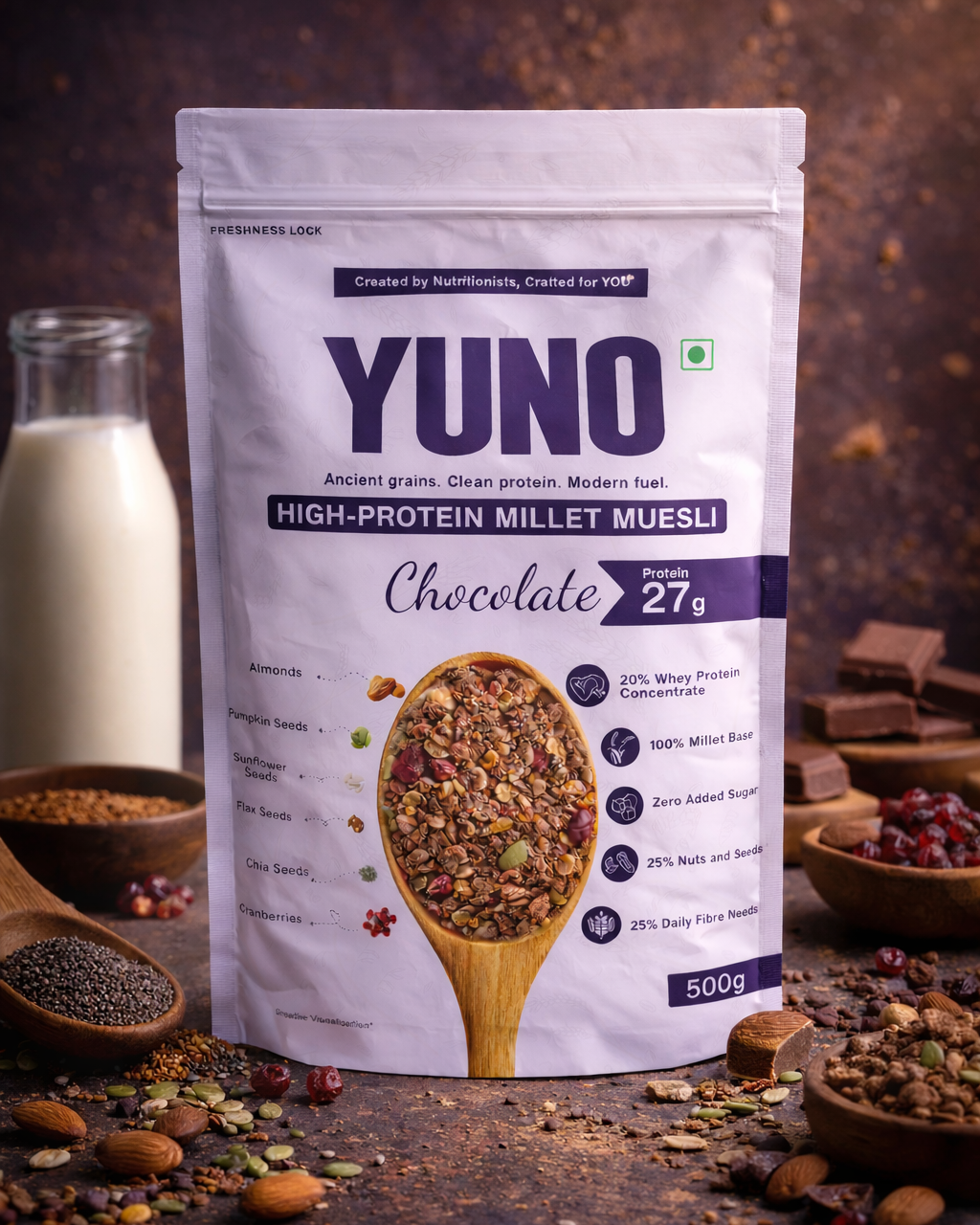 High-Protein Millet Muesli – Chocolate | No Sugar | 27g Protein | 10-day Trial Pack | 500g